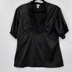 Vintage Vixen Womens Y2K Babydoll Top Sz XL Black Satin Ruched Witchy Whimsigoth